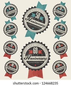 Colección de signos de aniversario y diseño de tarjetas en estilo retro. Plantilla de aniversario, jubileo o tarjeta de cumpleaños con número editable. Tipografía vectorial vintage.