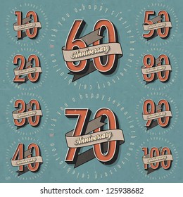 Colección de signos de aniversario y diseño de tarjetas en estilo retro. Plantilla de aniversario, jubileo o tarjeta de cumpleaños con número editable. Tipografía vectorial vintage.