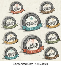 Anniversary sign collection and cards design in retro style. Template of anniversary, jubilee or birthday card with number editable. Vintage vector typography.