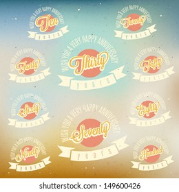 Anniversary sign collection and cards design in retro style. Template of anniversary, jubilee or birthday card with number editable. Vintage vector typography.