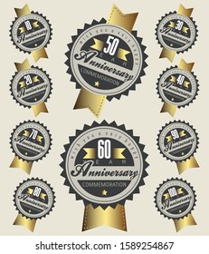 Anniversary sign collection and cards design in elegant style. Template  of anniversary, jubilee or birthday card with number editable. Vintage vector typography. Gold color