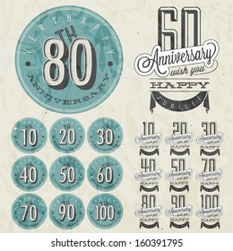 Anniversary sign collection and cards design in retro style. Template of anniversary, jubilee or birthday card with number editable. Vintage vector typography.