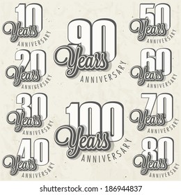 Anniversary sign collection and cards design in retro style. Template of anniversary, jubilee or birthday card with number editable. Vintage vector typography.