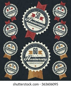 Anniversary sign collection and cards design in retro style. Template of anniversary, jubilee or birthday card with number editable. Vintage vector typography.