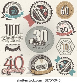 Anniversary sign collection and cards design in retro style. Template of anniversary, jubilee or birthday card with number editable. Vintage vector typography.