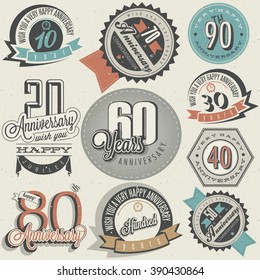 Anniversary sign collection and cards design in retro style. Template of anniversary, jubilee or birthday card with number editable. Vintage vector typography.