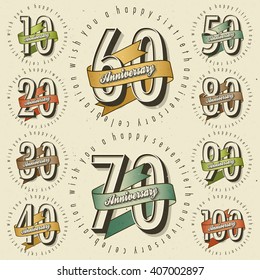 Anniversary sign collection and cards design in retro style. Template of anniversary, jubilee or birthday card with number editable. Vintage vector typography.