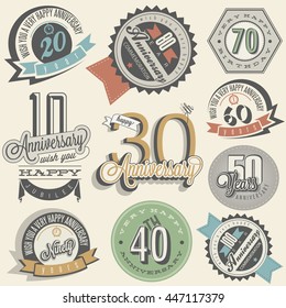 Anniversary sign collection and cards design in retro style. Template of anniversary, jubilee or birthday card with number editable. Vintage vector typography.