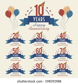 Anniversary sign collection with party hat and balloons, flat design