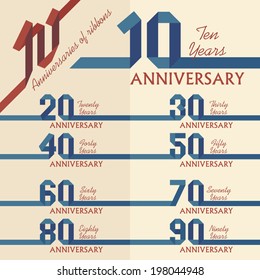 Anniversary sign collection in ribbons shape, flat design