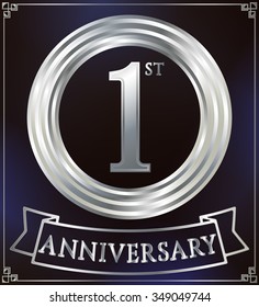 Anniversary silver ring logo number 1. Anniversary card with ribbon. Blue background. Vector illustration.