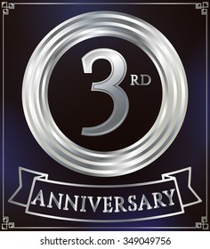 Anniversary silver ring logo number 3. Anniversary card with ribbon. Blue background. Vector illustration.