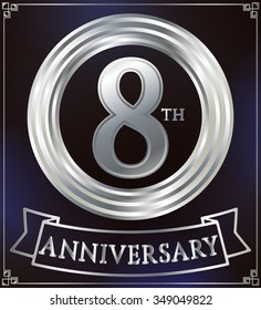 Anniversary silver ring logo number 8. Anniversary card with ribbon. Blue background. Vector illustration.
