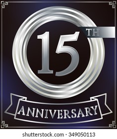 Anniversary silver ring logo number 15. Anniversary card with ribbon. Blue background. Vector illustration.