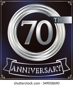 Anniversary silver ring logo number 70. Anniversary card with ribbon. Blue background. Vector illustration.