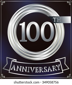 Anniversary silver ring logo number 100. Anniversary card with ribbon. Blue background. Vector illustration.