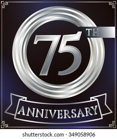 Anniversary silver ring logo number 75. Anniversary card with ribbon. Blue background. Vector illustration.