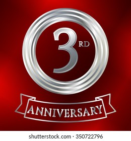 Anniversary silver ring logo number 3. Anniversary card. Red background. Vector illustration.