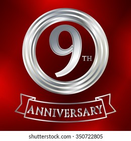 Anniversary silver ring logo number 9. Anniversary card. Red background. Vector illustration.