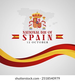 Aniversário do Dia Nacional da Espanha 12 de outubro de 2024 Greeting Design com Bandeira de Fita 3D, Emblema Nacional e Mapa Pontilhado. Ilustração do vetor Espanha