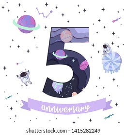 Anniversary - Sweet space cartoon poster with fantasy chocolate cookie, candy, caramel sweets planets and astronaut. Birthday poster, Fantasy galaxy game concept. Vector illustration