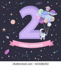 Anniversary - Sweet space cartoon poster with fantasy chocolate cookie, candy, sweets planets and astronaut. Birthday poster, Fantasy galaxy game concept. Vector illustration