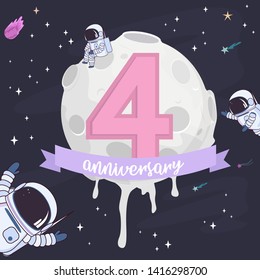 Anniversary - Sweet space cartoon poster with moon, planets and astronaut. Birthday poster, Fantasy galaxy game concept. Vector illustration