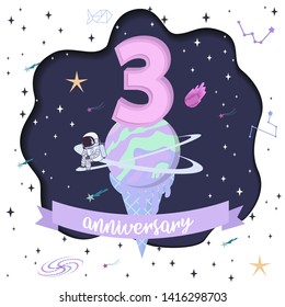Anniversary - Sweet space cartoon poster with big ice cream, planets and astronaut. Birthday poster, Fantasy galaxy game concept. Vector illustration