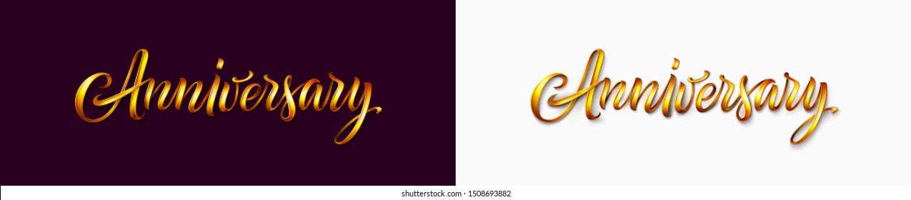 Anniversary text, word or logo. Gold vector vintage style elegant 3D lettering. Isolated. Calligraphy word for a happy anniversary card, logo, banner, poster, party or cake decoration.