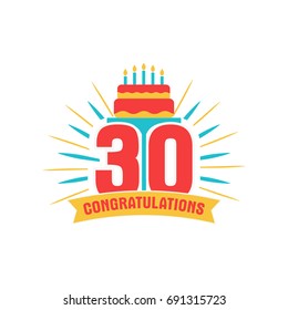 Anniversary Thirty Years Number. 30th Years Festive Logo And Greeting For Invitation Decor. Flat Style Vector Illustration Isolated On White Background. Birthday Badge With Ribbon