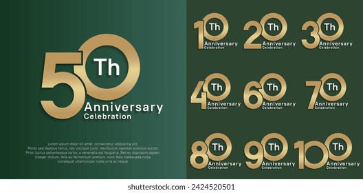 conjunto de diseño vectorial de aniversario con color dorado y blanco para la celebración de momentos especiales
