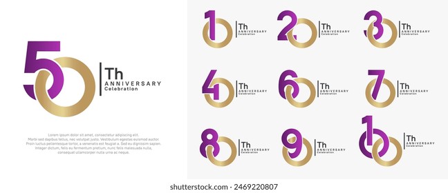 el diseño del Vector del aniversario establecido con el color púrpura y dorado se puede utilizar para el momento especial
