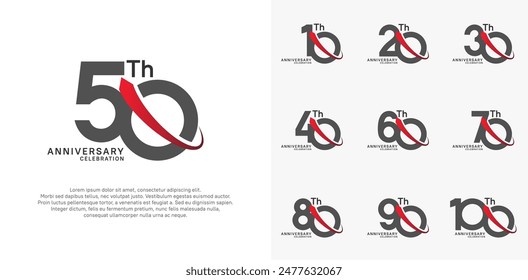 anniversary vector set. black color with red swoosh can be use for celebration