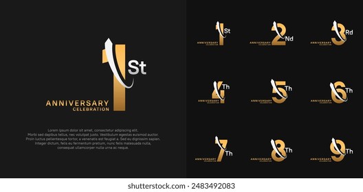 anniversary vector set. gold color with silver swoosh can be use for celebration