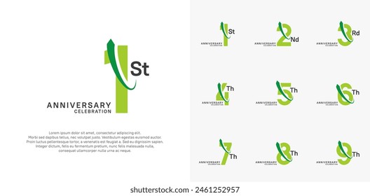 anniversary vector set. green color with swoosh can be use for celebration