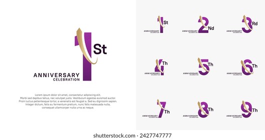 anniversary vector set. purple color with gold swoosh can be use for celebration