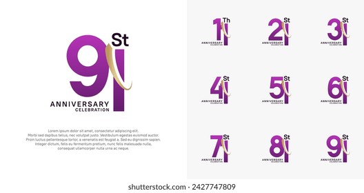 anniversary vector set. purple color with gold swoosh can be use for celebration