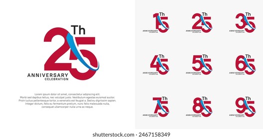 anniversary vector set. red color with blue swoosh can be use for celebration