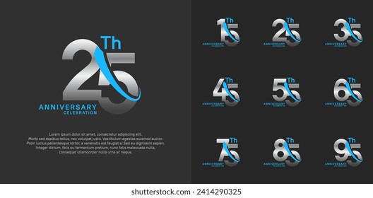 anniversary vector set. silver color with blue swoosh can be use for celebration