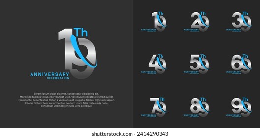 anniversary vector set. silver color with blue swoosh can be use for celebration