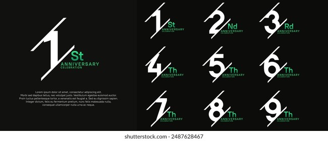anniversary vector set with white and green color and slash for celebration purpose
