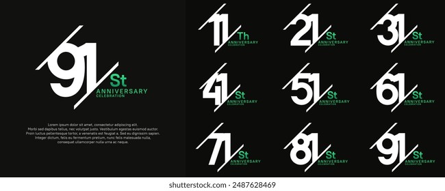 anniversary vector set with white and green color and slash for celebration purpose