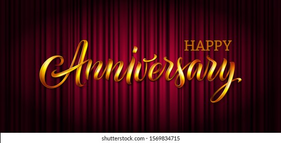 Anniversary vector text banner. Happy Anniversary 3d gold word on red theatre curtain with spotlight. Luxury premium background, backdrop, illustration for birthday celebration poster, party or event