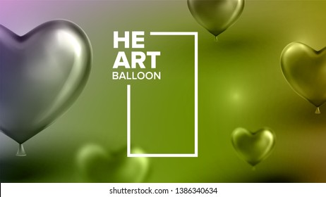 Anniversary Of Wedding Day Celebration Vector. Realistic Bright Yellow Balloons In Form Of Heart And Vertical Frame On Modern Card For Celebration Of Married Couple. 3d Illustration