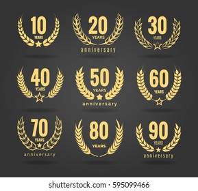 Anniversary wreath set. Vector anniversaries years seals, celebration laurel wreaths rosettes