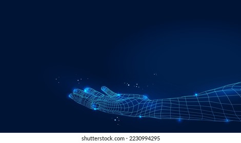 Annotation extends a hand. Low poly design. Blue geometric background. Frame structure of light connection. Modern 3d graphic concept. Isolated vector illustration.