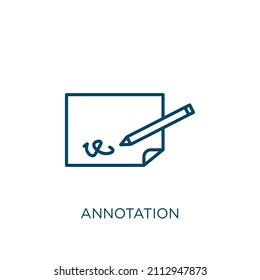 Notierungssymbol. Dünne, lineare Anmerkung Umriss Symbol einzeln auf weißem Hintergrund. Zeilenvektorannotation-Zeichen, Symbol für Web und Mobile