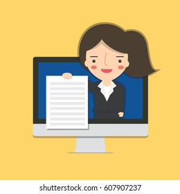 Announce business man hold paper from into monitor screen computer, cartoon vector illustration