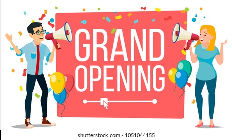 Announce Concept Vector. Woman, Man, Loudspeaker. Announcement Poster. Talking Into Megaphone Promotion Speech Grand Opening. Search For Employees. Make An Announcement. Hiring. Business  Illustration