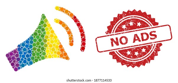 Announce horn mosaic icon of circle elements in different sizes and rainbow color tinges, and No Ads scratched rosette stamp. A dotted LGBT-colored Announce horn for lesbians, gays,